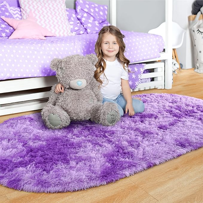 Noahas Oval Fluffy Purple Rug 2.6X5.3 Small Kids Rugs for Bedroom Girls And Boys Aesthetic,Bedside Bedroom Rug,Ultra Soft Runner Carpet Modern Shaggy Nursery Area Rugs Home Decor'' - LeafyLoom