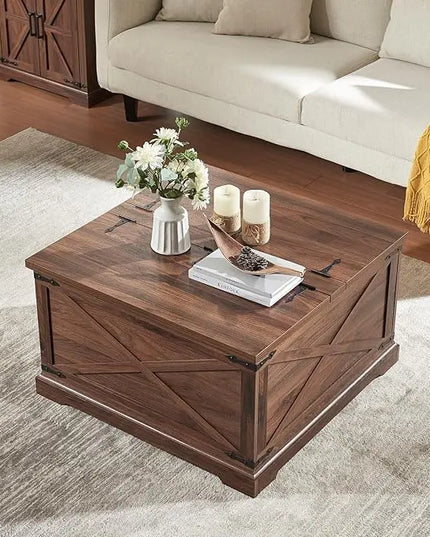 Farmhouse Square Coffee Table with Storage, Wood Center Table with Hinged Lift Top, Rustic Cocktail Table with Large Hidden Storage Compartment for Living Room, Bedroom,Brown - LeafyLoom