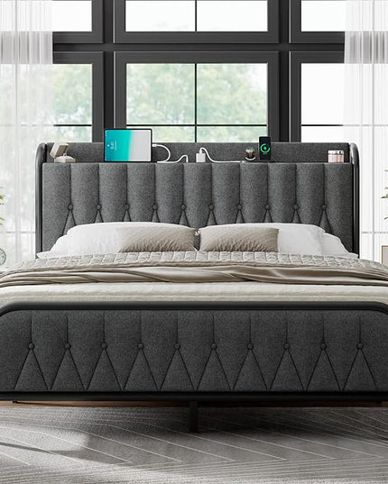 Feonase Queen Bed Frame with Type-C & USB Port, Metal Platform Beds, with Linen Upholstered Headboard & Footboard, 12" Underbed Storage Space, Easy Assembly, Noise-Free, Black Gray - LeafyLoom