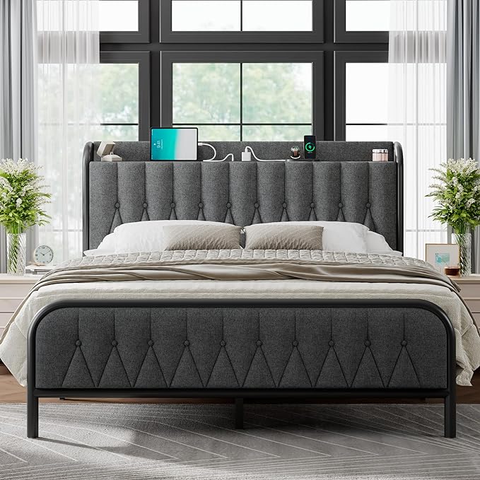 Feonase Queen Bed Frame with Type-C & USB Port, Metal Platform Beds, with Linen Upholstered Headboard & Footboard, 12" Underbed Storage Space, Easy Assembly, Noise-Free, Black Gray - LeafyLoom