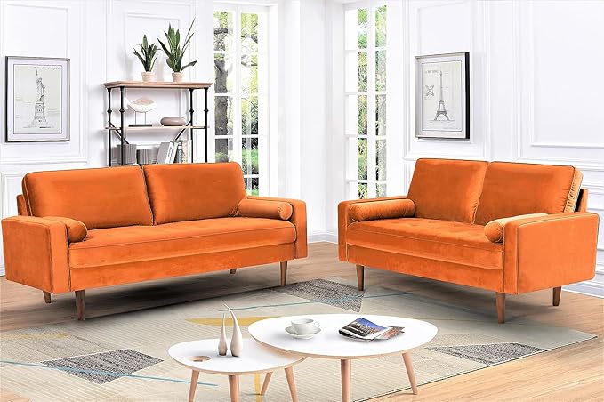 US Pride Furniture Velvet 70" Sofa Couch, Iconic Mid-Century Style Living Room Furniture with Contemporary Silhouette, Button Tufting and Wood Legs, includes 2 Bolster Pillows, Orange - LeafyLoom