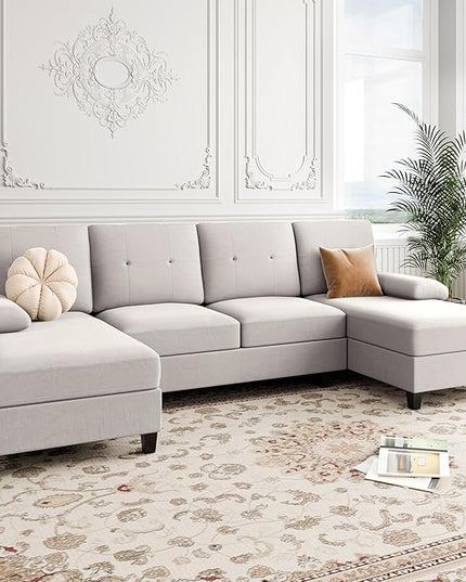 Shintenchi Sectional Couches for Living Room, U Shaped Sofa Couch with Double Chaise, 4-Seat Living Room Furniture Sets with Soft Cushion & Linen Fabric, Creamy White - LeafyLoom