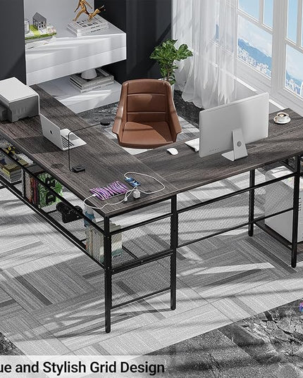 Reversible L Shaped Gaming Desk with Magic Power Outlets, 55 Inch Large Corner Computer Desk, Sturdy Home Office Table with Storage Shelf, Attractive Grid Design Writing Desk, Oak Walnut - LeafyLoom