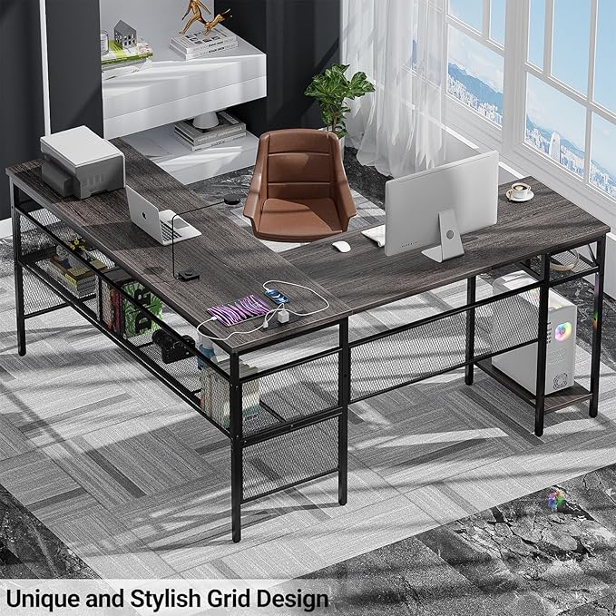 Reversible L Shaped Gaming Desk with Magic Power Outlets, 55 Inch Large Corner Computer Desk, Sturdy Home Office Table with Storage Shelf, Attractive Grid Design Writing Desk, Oak Walnut - LeafyLoom