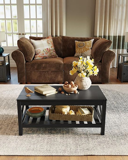 Farmhouse Coffee Table with 2-Tier Shelves - Rectangular Coffee Table with Storage for Living Room, Wood Coffee Table with Sturdy Frame, Black - LeafyLoom