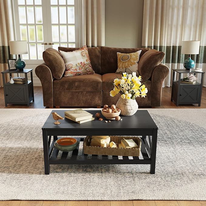 Farmhouse Coffee Table with 2-Tier Shelves - Rectangular Coffee Table with Storage for Living Room, Wood Coffee Table with Sturdy Frame, Black - LeafyLoom