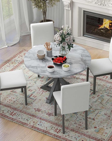 NicBex Small Dining Table Set for 4 Round Dining Table Set 5-Piece Dining Table Set, Marble Sticker and Cross Bracket Pedestal Dining Table, and 4 Upholstered Chairs, White+Gray - LeafyLoom