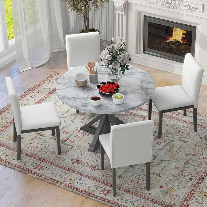 NicBex Small Dining Table Set for 4 Round Dining Table Set 5-Piece Dining Table Set, Marble Sticker and Cross Bracket Pedestal Dining Table, and 4 Upholstered Chairs, White+Gray - LeafyLoom