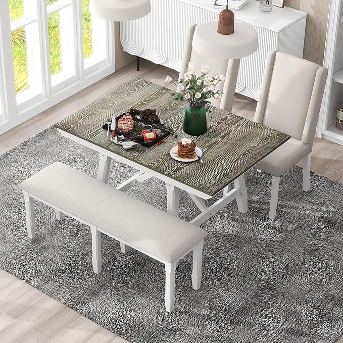 6-Piece Wooden Extendable Dining Table Set with two 12" W Removable Leaves and 4 Upholstered Chairs & 1 Bench for Kitchen Room, Brown+White - LeafyLoom