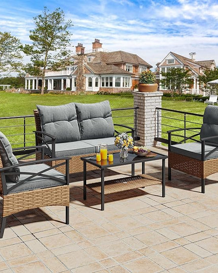 YITAHOME 4-Piece Patio Furniture Wicker Outdoor Bistro Set, All-Weather Rattan Conversation Loveseat Chairs for Backyard, Balcony and Deck with Soft Cushions and Metal Table (Light Brown+Gray) - LeafyLoom