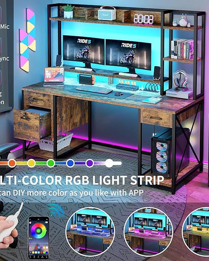 YITAHOME Computer Desk with Drawers & Power Outlets, File Drawers with Lock, 59" Home Office Desk with Storage Shelves & Monitor Stand, Gaming Desk with LED Lights & Hutch, Rustic Brown - LeafyLoom