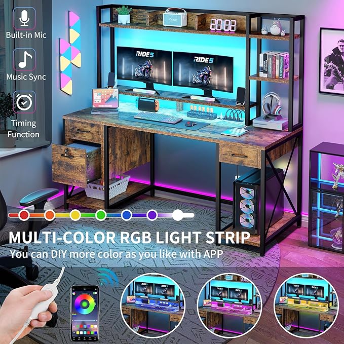YITAHOME Computer Desk with Drawers & Power Outlets, File Drawers with Lock, 59" Home Office Desk with Storage Shelves & Monitor Stand, Gaming Desk with LED Lights & Hutch, Rustic Brown - LeafyLoom