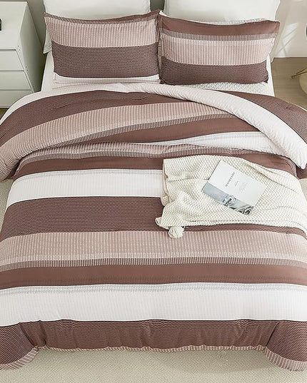 Litanika Brown Comforter Set King - 3 Pieces Lightweight Brown White Colorblock Stripe Fluffy Bedding Comforter Sets, All Season Bed Set - LeafyLoom