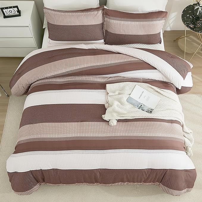 Litanika Brown Comforter Set Queen - 3 Pieces Lightweight Brown White Colorblock Stripe Fluffy Bedding Comforter Sets, All Season Bed Set - LeafyLoom