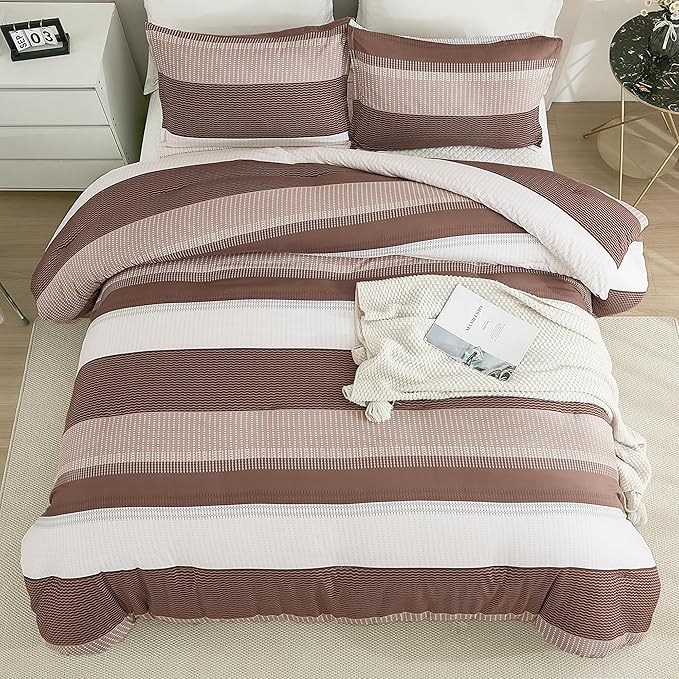 Litanika Brown Comforter Set Twin/Twin XL - 2 Pieces Lightweight Brown White Colorblock Stripe Fluffy Bedding Comforter Sets, All Season Bed Set - LeafyLoom