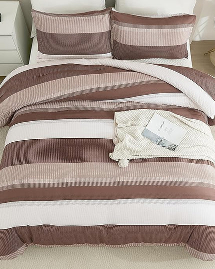 Litanika Brown Comforter Set Full - 3 Pieces Lightweight Brown White Colorblock Stripe Fluffy Bedding Comforter Sets, All Season Bed Set - LeafyLoom