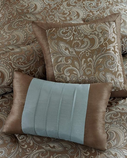 Madison Park Essentials Brystol 24 Piece Room in a Bag Faux Silk Comforter Jacquard Paisley Design Matching Curtains Down Alternative Hypoallergenic All Season Bedding-Set, King (104 in x 92 in), Blue - LeafyLoom
