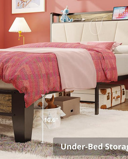 LIKIMIO Twin XL Bed Frames, Storage Headboard with Charging Station, Solid and Stable, Noise Free, No Box Spring Needed, Easy Assembly (Walnut and Beige) - LeafyLoom