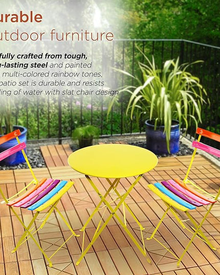 Alpine Corporation MSY114A Rainbow Metal Bistro Set w Two, Table: 24" L x 24" W x 28" H Chair: 16" L 18" W x 32" H - LeafyLoom