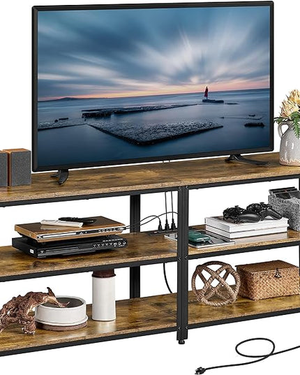Yaheetech TV Stand with Power Outlet, Industrial TV Stand for 75 Inch TVs, Media TV Console Table with Open Storage Shelves for Living Room, Rustic Brown - LeafyLoom