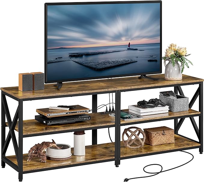 Yaheetech TV Stand with Power Outlet, Industrial TV Stand for 75 Inch TVs, Media TV Console Table with Open Storage Shelves for Living Room, Rustic Brown - LeafyLoom
