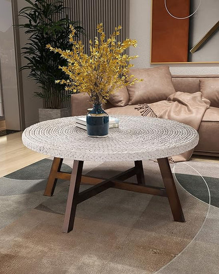 Round Coffee Table,RANDEFURN Seagrass Coffee Tables,Pine Wood X Base Frame Cocktail Table, Easy Assembled, Multiple Sizes for Living Room, Solid Wood Table,32 x 17 Inches,Whitewash - LeafyLoom