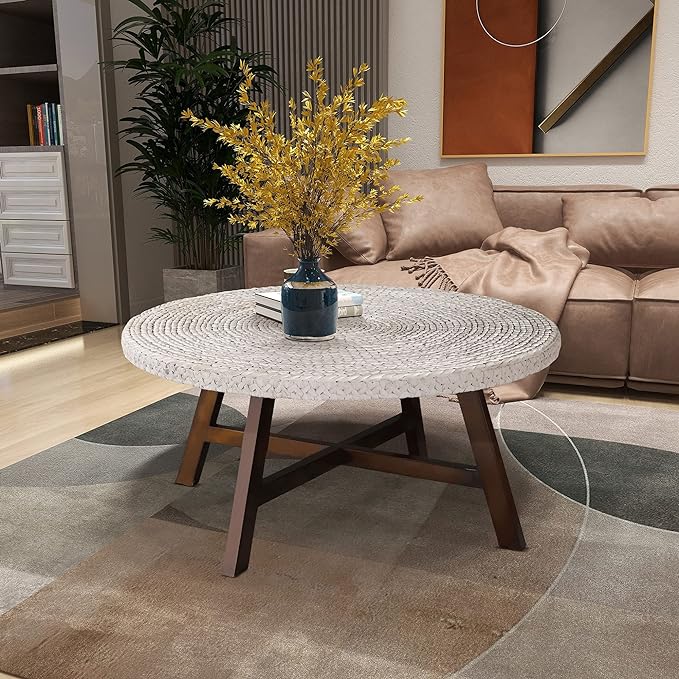 Round Coffee Table,RANDEFURN Seagrass Coffee Tables,Pine Wood X Base Frame Cocktail Table, Easy Assembled, Multiple Sizes for Living Room, Solid Wood Table,32 x 17 Inches,Whitewash - LeafyLoom