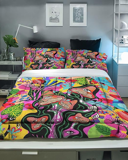 Sunnycitron 3D Colorful Mushroom Comforter set Colorful Mushroom Bedding Full size Mushroom Eyes Pattern Print Comforter Sets- All-Season (1 Comforter + 2 Pillowcases),Easy-Wash Fade Resistant - LeafyLoom