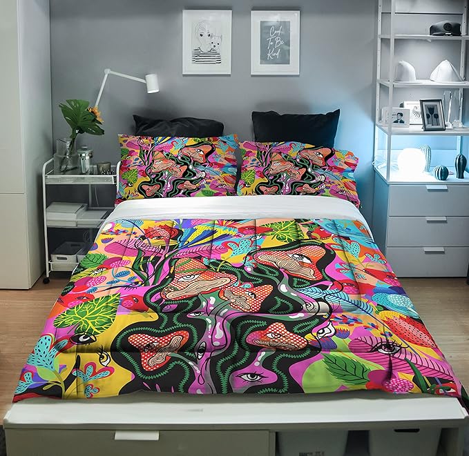 Sunnycitron Mushroom Twin Comforter Set for Girls Boys Colorful Mushroom Bedding Kids Comforter sets Mandala Mushroom Comforter for Twin Bed set - Fade Resistant(1 Comforter +2 Pillowcase) - LeafyLoom