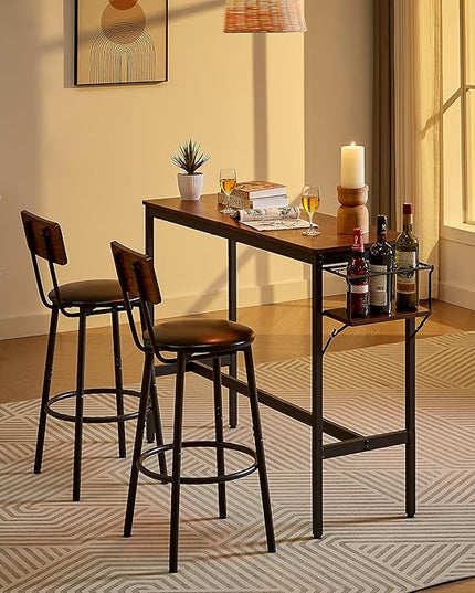 Dining Table Set for 2, Bar Table and Chairs Set, Industrial Counter Height Bar Table with Wine Rack, and 2 PU Upholstered Seat Stools with Backrest & Footrest, for Kitchen, Bar, Rustic Brown - LeafyLoom