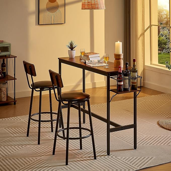 Dining Table Set for 2, Bar Table and Chairs Set, Industrial Counter Height Bar Table with Wine Rack, and 2 PU Upholstered Seat Stools with Backrest & Footrest, for Kitchen, Bar, Rustic Brown - LeafyLoom