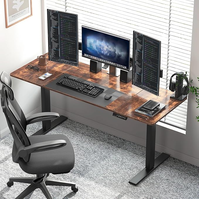 soges 63in Electric Standing Desk Ergonomic Height Adjustable Computer Desk Sit Stand Desk Home Office Desks Standing Desk, Vintage Brown - LeafyLoom