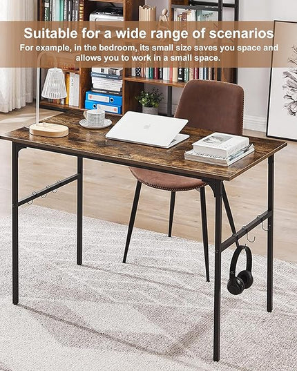 VECELO 44 Inch Computer Stable Writing Study Work 6 Hooks Adjustable Feet Wooden Desk for Home,Bedroom,Rusic Brown, 44Inches - LeafyLoom