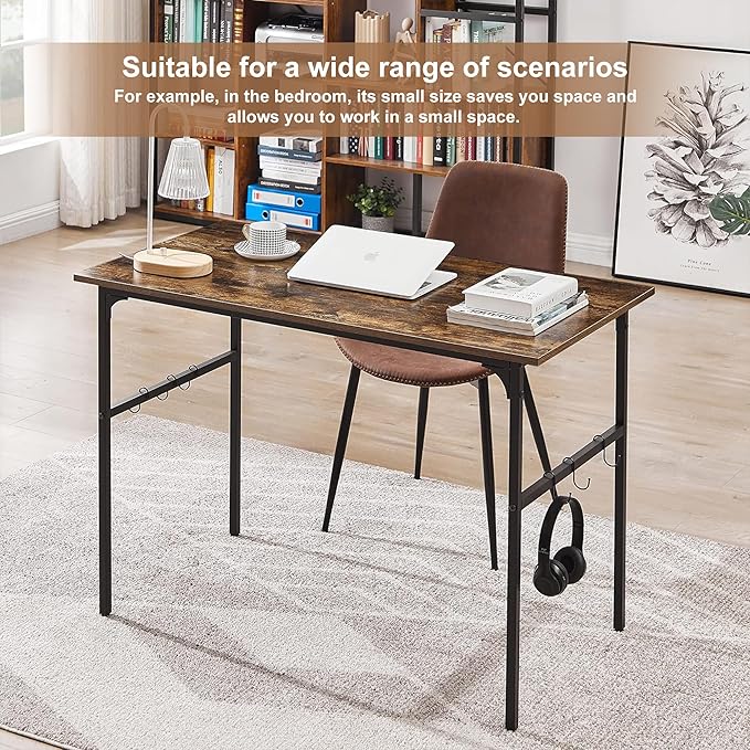 VECELO 44 Inch Computer Stable Writing Study Work 6 Hooks Adjustable Feet Wooden Desk for Home,Bedroom,Rusic Brown, 44Inches - LeafyLoom