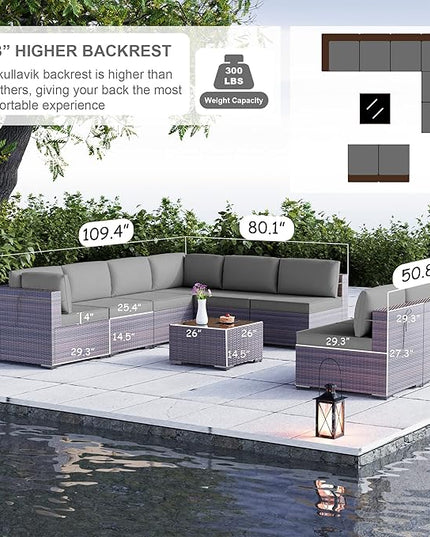 Kullavik 9PCS Outdoor Patio Furniture Set PE Wicker Rattan Sectional Sofa Patio Conversation Sets,Grey - LeafyLoom