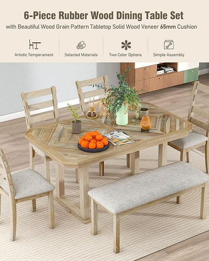 Dining Table Set for 6, 6-Piece Rubber Wood Dining Table Set with Beautiful Wood Grain Pattern Tabletop and Soft Cushion, Dining Room Table Set for Living Room, Kitchen, Natural Wood Wash - LeafyLoom
