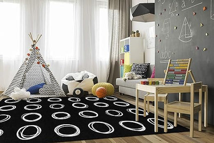Flagship Carpets Circle Sampler Abstract Educational Area Rug for Kids Room or Childrens Classroom Carpet, Playroom or Home Learning, 7'6" x 12', Black - LeafyLoom