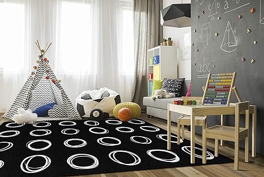 Flagship Carpets Circle Sampler Abstract Educational Area Rug for Kids Room or Childrens Classroom Carpet, Playroom or Home Learning, 7'6" x 12', Black - LeafyLoom