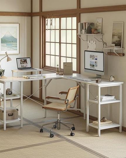 CubiCubi L Shaped Desk, 58.3 inch Computer Corner Desk with 2 Storage Shelves, Home Office Desk with Monitor Stand, White - LeafyLoom