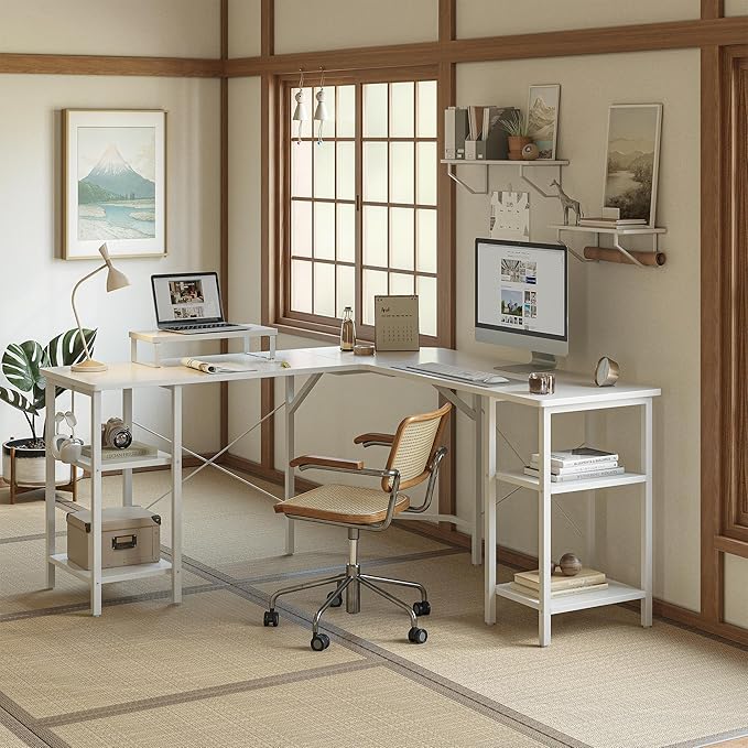 CubiCubi L Shaped Desk, 58.3 inch Computer Corner Desk with 2 Storage Shelves, Home Office Desk with Monitor Stand, White - LeafyLoom