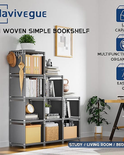 Mavivegue Book Shelf, 9 Cube Storage Organizer, DIY Bookcase, Metal Cube Bookshelf, Tall Book case for Bedroom, Living Room, Office, Closet Storage Organizer, Grey Cubicle Storage Rack - LeafyLoom