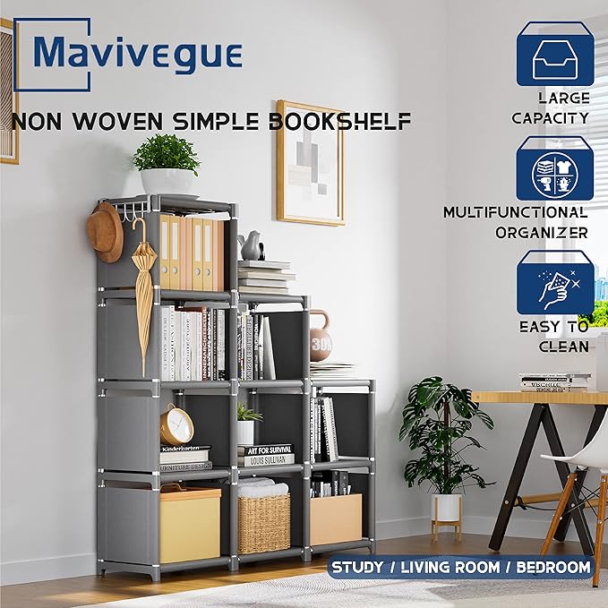 Mavivegue Book Shelf, 9 Cube Storage Organizer, DIY Bookcase, Metal Cube Bookshelf, Tall Book case for Bedroom, Living Room, Office, Closet Storage Organizer, Grey Cubicle Storage Rack - LeafyLoom
