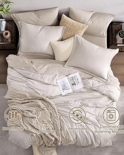 Monbix Full Size Comforter Set, Oatmeal Bedding Comforter for Full Size Bed Set Reversible, Bedding Sets Full 7 Pieces, Cationic Dyeing Bed in a Bag with Comforter, Sheets, Pillowcases & Shams - LeafyLoom