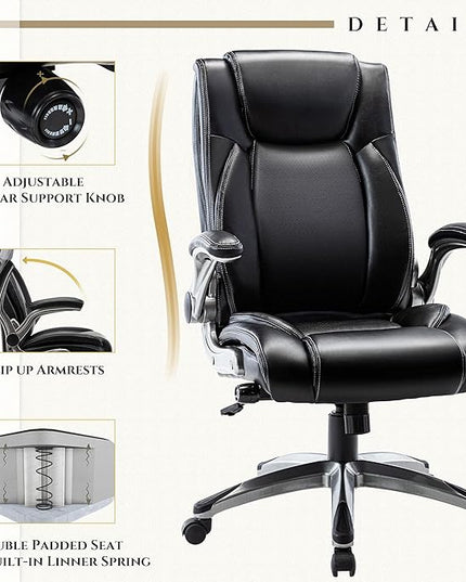 Office Chair Ergonomic Computer Chair, Executive Desk Chair with Adjustable Lumbar Support and Flip-up Arms, Swivel Rolling Work Chair-Black - LeafyLoom