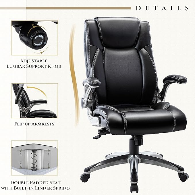 Office Chair Ergonomic Computer Chair, Executive Desk Chair with Adjustable Lumbar Support and Flip-up Arms, Swivel Rolling Work Chair-Black - LeafyLoom