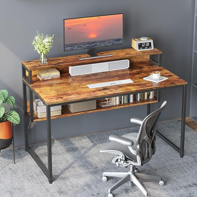 BANTI Computer Home Office Desk, 47" Small Desk Table with Storage Shelf and Bookshelf, Study Writing Table Modern Simple Style Space Saving Design, Black - LeafyLoom