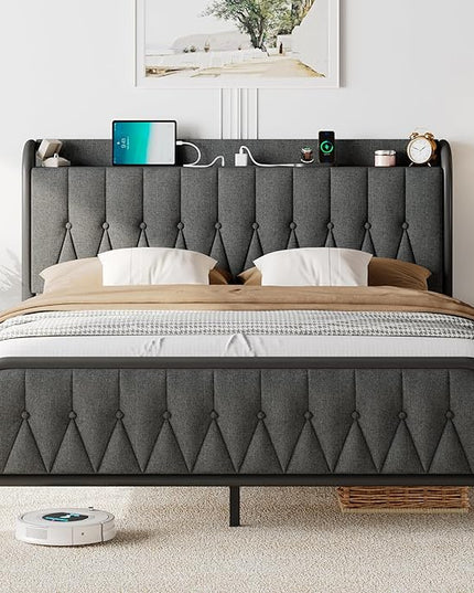 Feonase Queen Bed Frame with Type-C & USB Port, Metal Platform Beds, with Linen Upholstered Headboard & Footboard, 12" Underbed Storage Space, Easy Assembly, Noise-Free, Dark Gray - LeafyLoom
