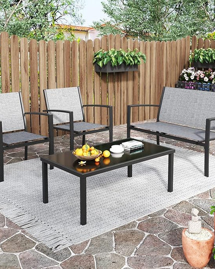 Greesum 4 Pieces Patio Furniture Set, Outdoor Conversation Sets for Patio, Lawn, Garden, Poolside with A Glass Coffee Table, Gray - LeafyLoom