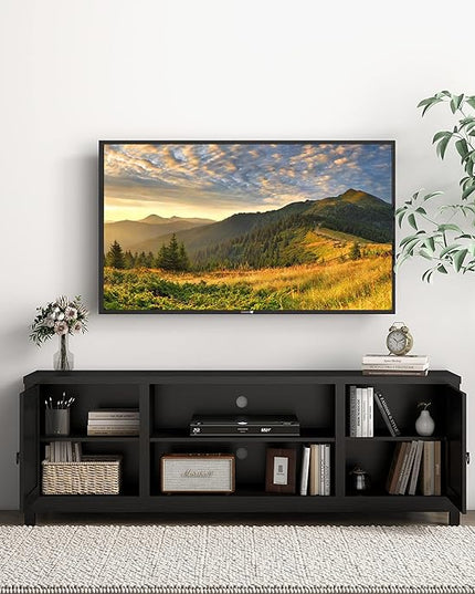 Panana Modern Farmhouse TV Stand, Entertainment Center for 70 inch TV with 2 Doors and Open Shelves for Living Room, Bedroom (Black, 65 inch) - LeafyLoom