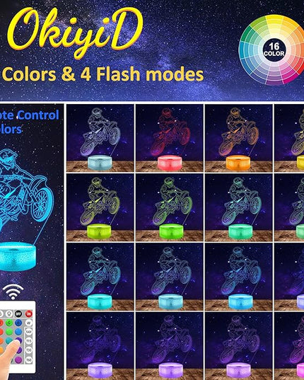Dirt Bike Night Light, Dirt Bike Gift, 3D Illusion Lamp, 3D Dirt Bike Night Light with Remote and Touch Control, Dirt Bike Decor for Kids Room, Girls Birthday Gifts - LeafyLoom